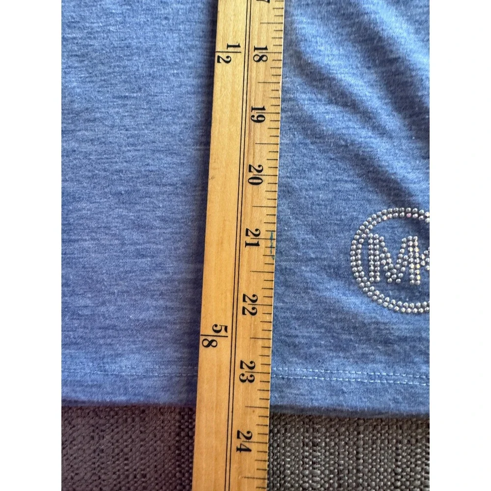 Michael Kors Womens Cowl Neck Top Blue Gray Rhinestone MK Logo Long Sleeve S